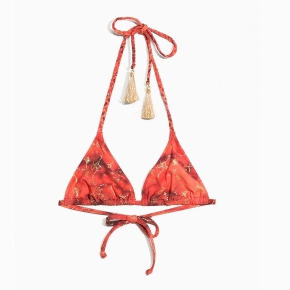 TOMS & Other Stories Boho Gold Embossed Print Braided Tassel Bikini Top …
